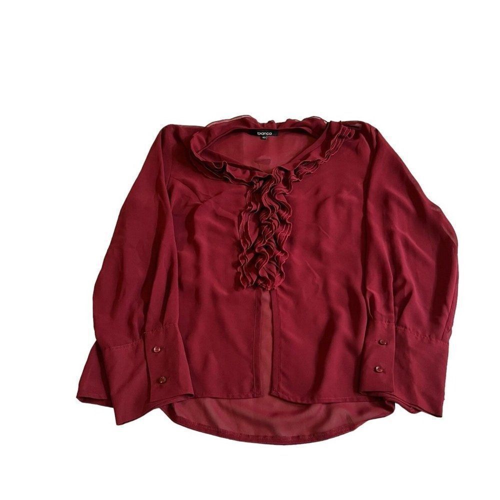 Bianca Red Button Up Ruffle Blouse Size 40 Chiffon Long Sleeve Top Made Rumania
